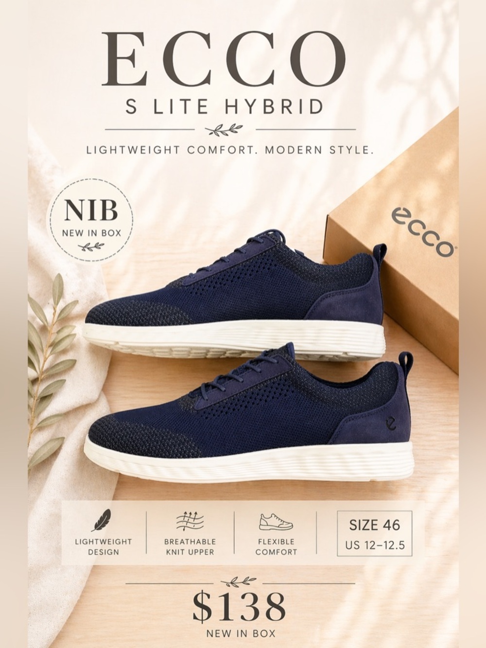 ECCO S Lite Hybrid Sneakers Navy Knit US 12.5 NIB Comfort Dress Casual